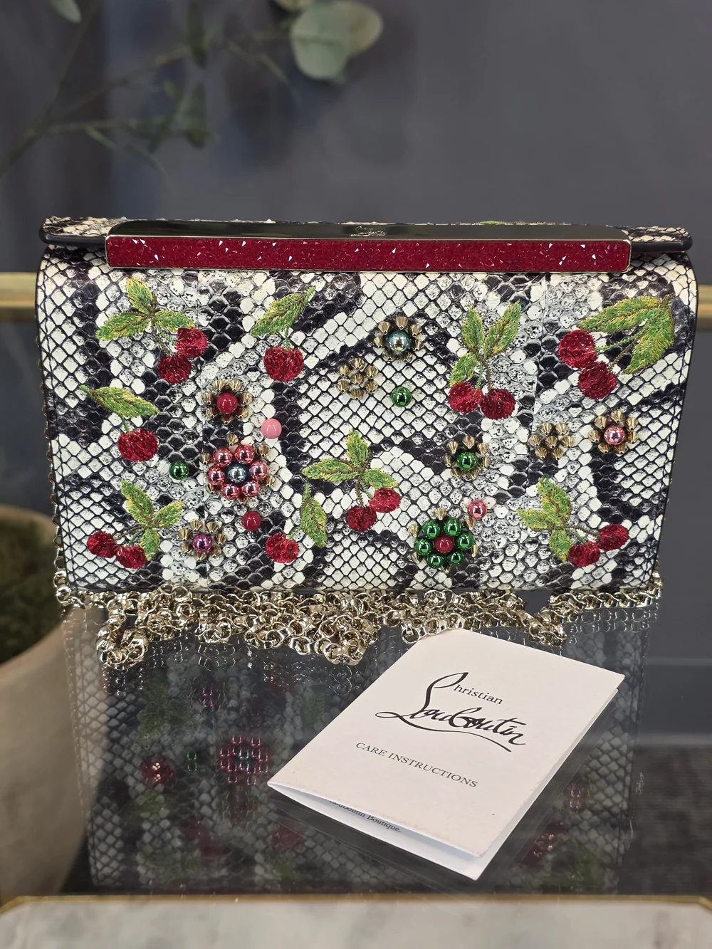 Christian Louboutin White Python-Print Crossbody with Red Cherry Embellishments